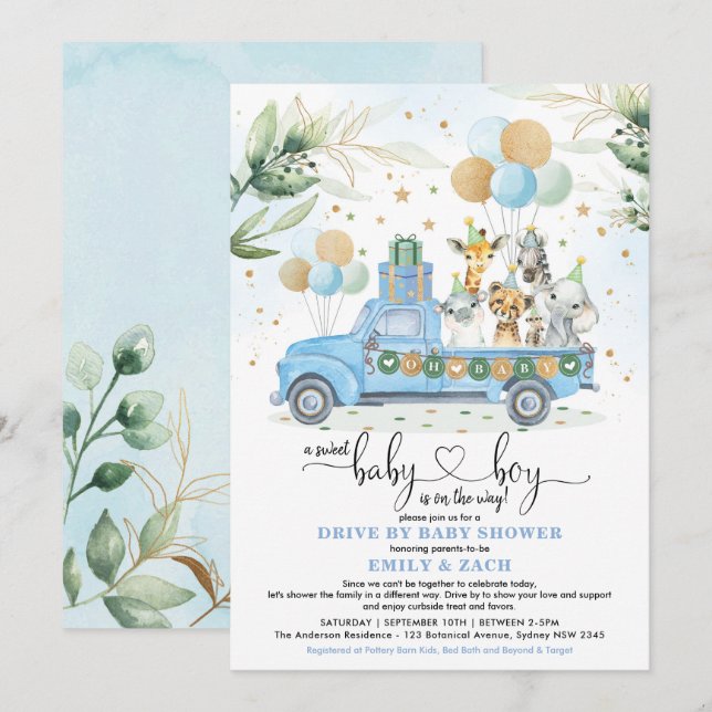 Blue och Guld Jungle Safari Drive Thru Baby Shower Inbjudningar (Fram/baksida)