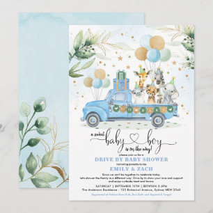 Blue och Guld Jungle Safari Drive Thru Baby Shower Inbjudningar