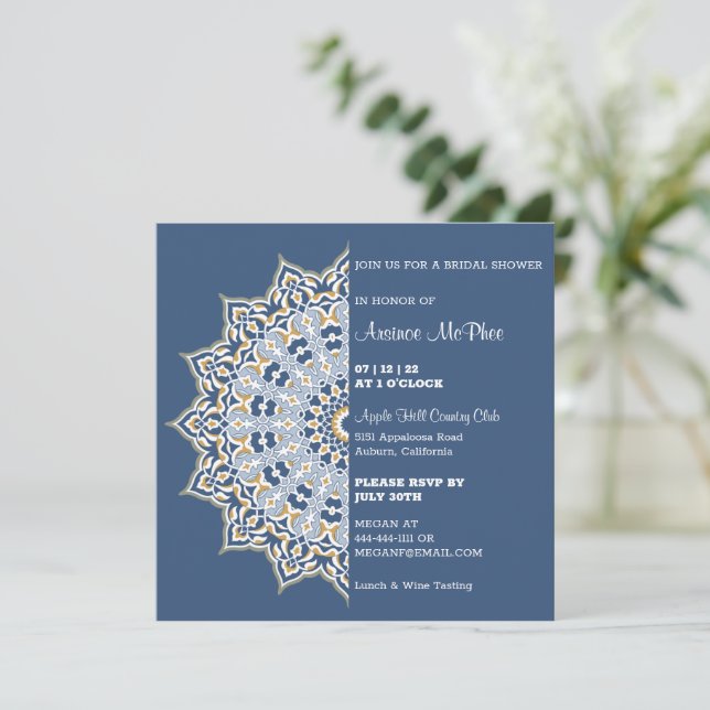 Blue och Guld Mandala Inbjudningskort för möhippan (Stående Fram)