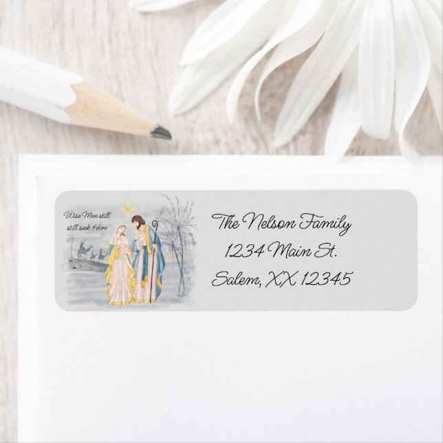 Blue och guld Mary, Joseph och Jesus Helgdag Returadress Etikett (Insitu)