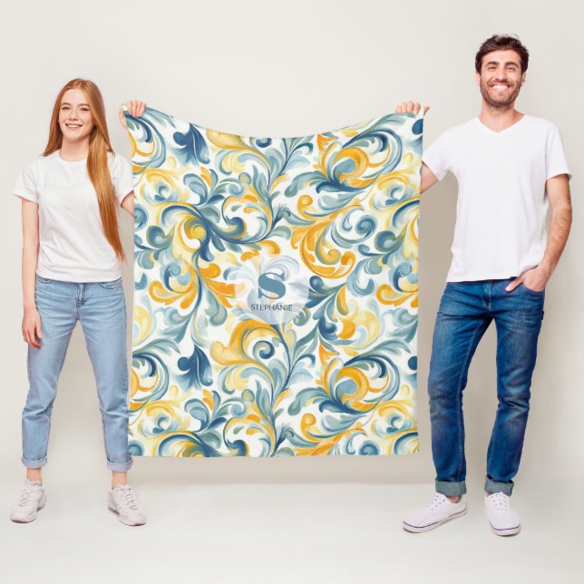 Blue och Guld Paisley Löv Mönster Fleecefilt (På plats)