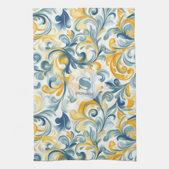 Blue och Guld Paisley Löv Mönster Kökshandduk (Vertikal)