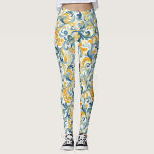 Blue och Guld Paisley Löv Mönster Leggings