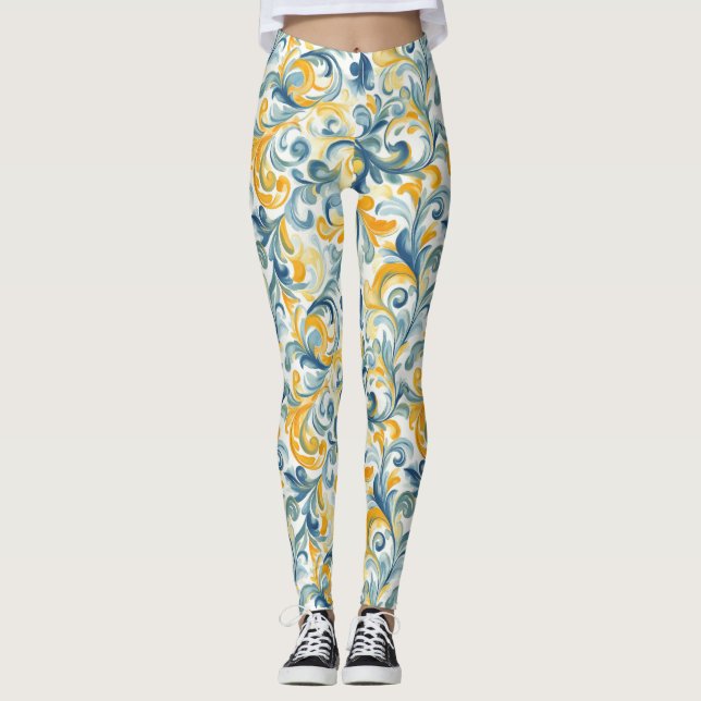 Blue och Guld Paisley Löv Mönster Leggings (Framsida)