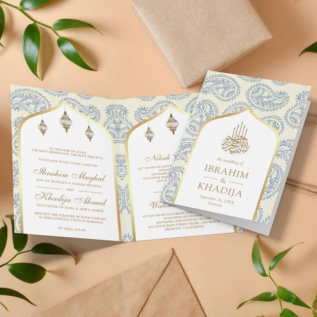 Blue och Guld Paisley QR Kod Muslim Bröllop Inbjudan (Skapare uppladdad)