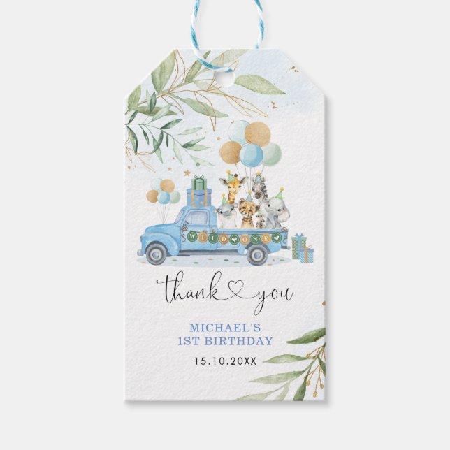 Blue och Guld Vild 1 Safari Birthday Drive Thru Presentetikett (Framsidan)