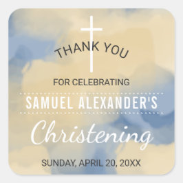 Blue och Guld Watercolor Boy Christening Tack Fyrkantigt Klistermärke