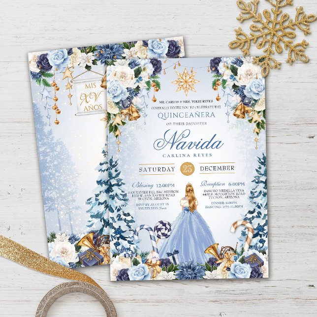 Blue och Guld Winter Wonderland Quinceañera Inbjudningar (Skapare uppladdad)