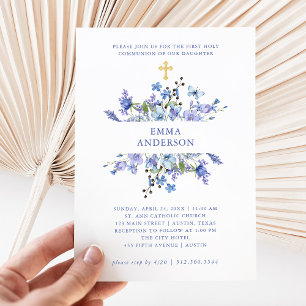 Blue och Lila Boho   Blommigt Första Heligan Kommu Inbjudningar