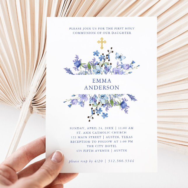 Blue och Lila Boho | Blommigt Första Heligan Kommu Inbjudningar (Skapare uppladdad)