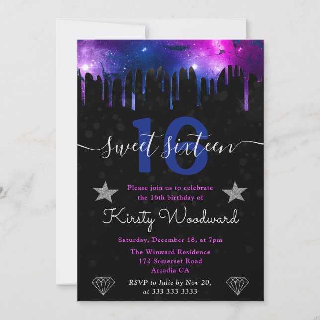Blue och Lila Galaxy Marble Sweet sixteen Inbjudningar (Framsida)