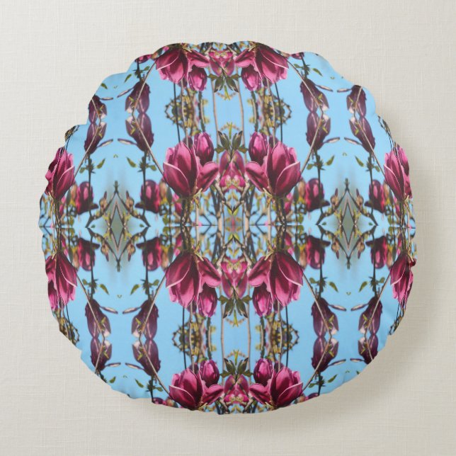 Blue och Mauve Tulip Magnolia Round Pouf Pillow Rund Kudde (Framsidan)