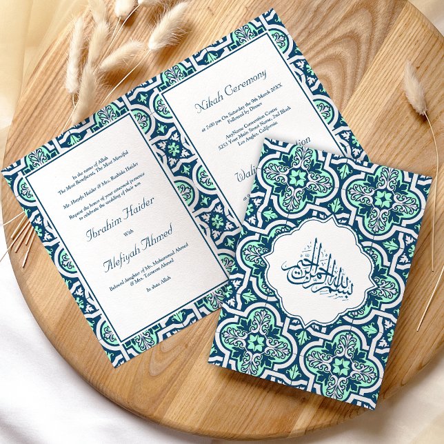 Blue och Mint Islamic Arabesque Muslim Bröllop Inbjudan (Skapare uppladdad)