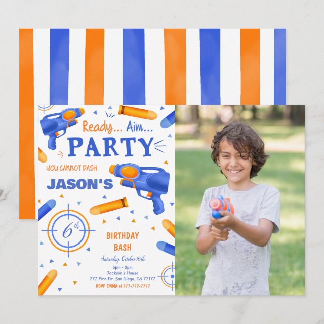 Blue och Orange Dart Gun Photo Inbjudningar (Fram/baksida)