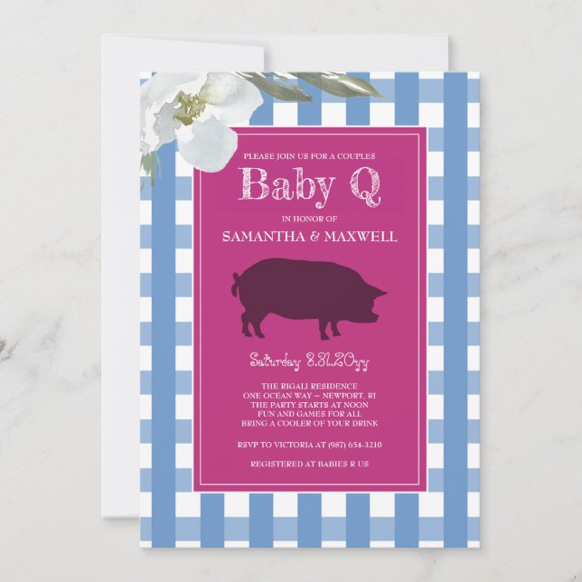 Blue och Rosa Gingham Baby Q Inbjudningar (Framsida)