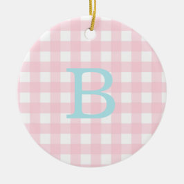 Blue och Rosa Gingham Monogram Julgransprydnad Keramik