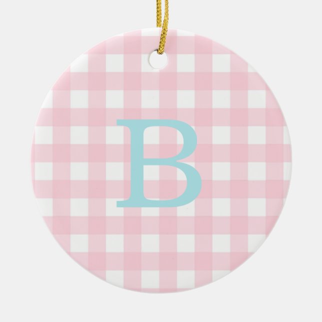 Blue och Rosa Gingham Monogram Julgransprydnad Keramik (Framsidan)