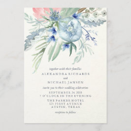 Blue och Rosa Peony Watercolor Bröllop Inbjudningar