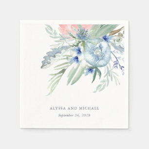 Blue och Rosa Peony Watercolor Bröllop Pappersservett