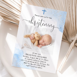 Blue och Silver Boy Christening Baptism Inbjudningar