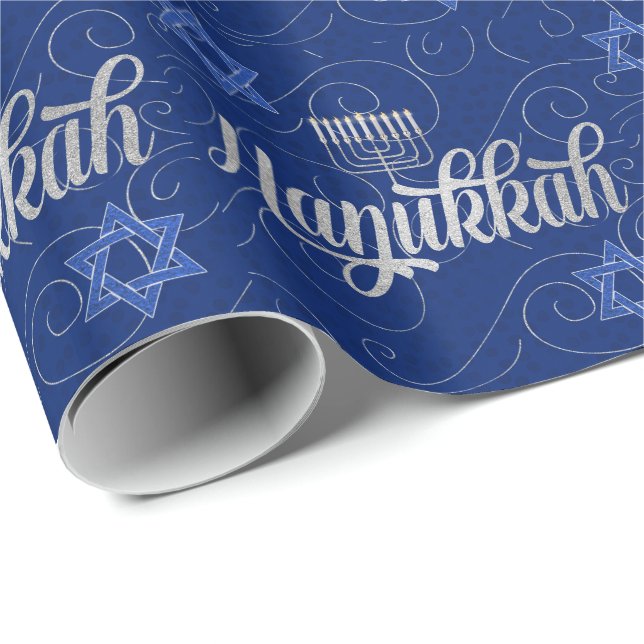 Blue och Silver Hanukkah med David Swirls Star Presentpapper (Rullad Hörn)