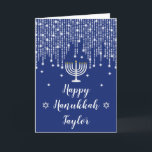 Blue och Silver String Ljus Lycklig Hanukkah Helgkort<br><div class="desc">Denna elegant och det sofistikerade Lycklig Hanukah-kortet kan vara personlig med ett namn eller en titel,  såsom dotter,  barndotter,  brorson,  brorson,  brorson osv. Den har vackert silver-snörvd ljus med diamantgnistor,  ett menorakljus och David stjärna. Texten kombinerar handskript och serif typsnitt för en snyggt och ett modernt utseende.</div>