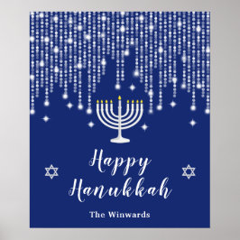 Blue och Silver String Ljus Lycklig Hanukkah Poster
