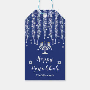 Blue och Silver String Ljus Lycklig Hanukkah Presentetikett