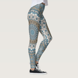 Blue och Tan Mandala Intricate Geometric Mönster Leggings