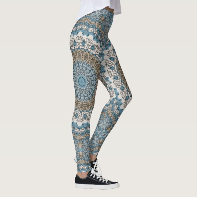Blue och Tan Mandala Intricate Geometric Mönster Leggings (Höger)