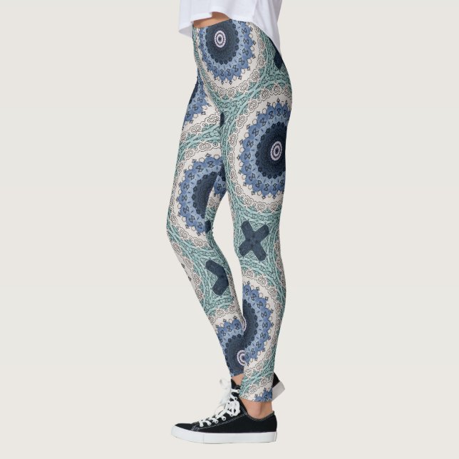 Blue och Teal Mandala med geometrisk symmetri Leggings (Vänster)