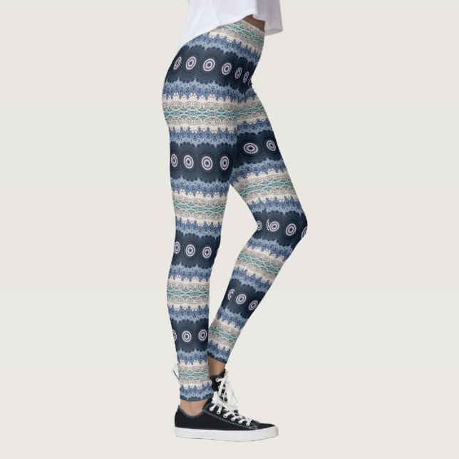 Blue och Teal Mandala med geometrisk symmetri Leggings (Höger)