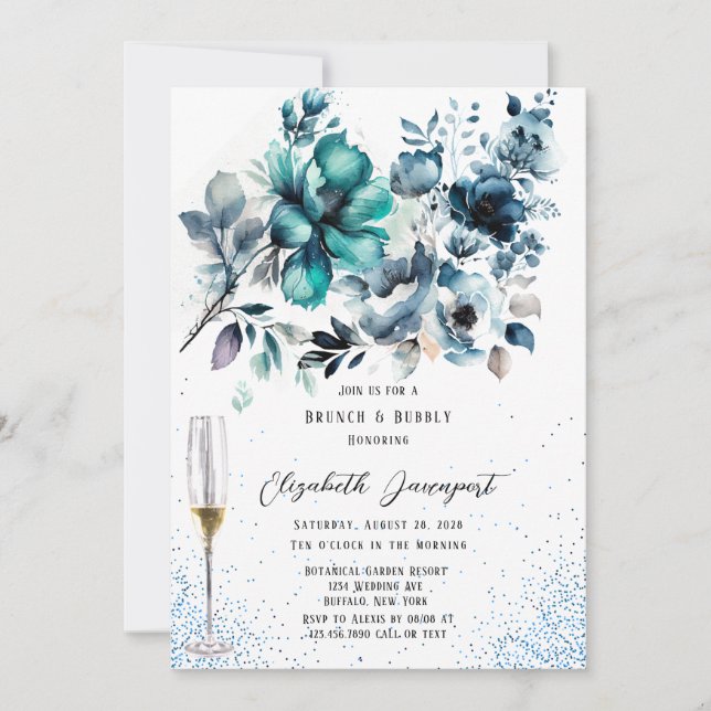 Blue och Teal Peony Glitter Brunch & Bubly Inbjudningar (Framsida)