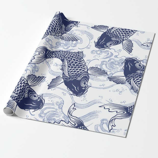 BLUE OCH VITE KOI FISH JAPANESE Papprare Presentpapper (Utrullad)