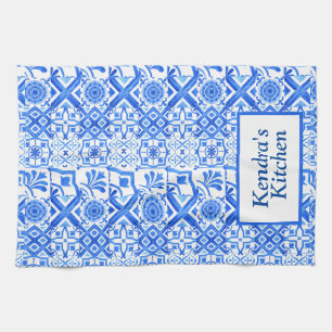 Blue och White Azulejo Spanska Azul Mönster Kökshandduk