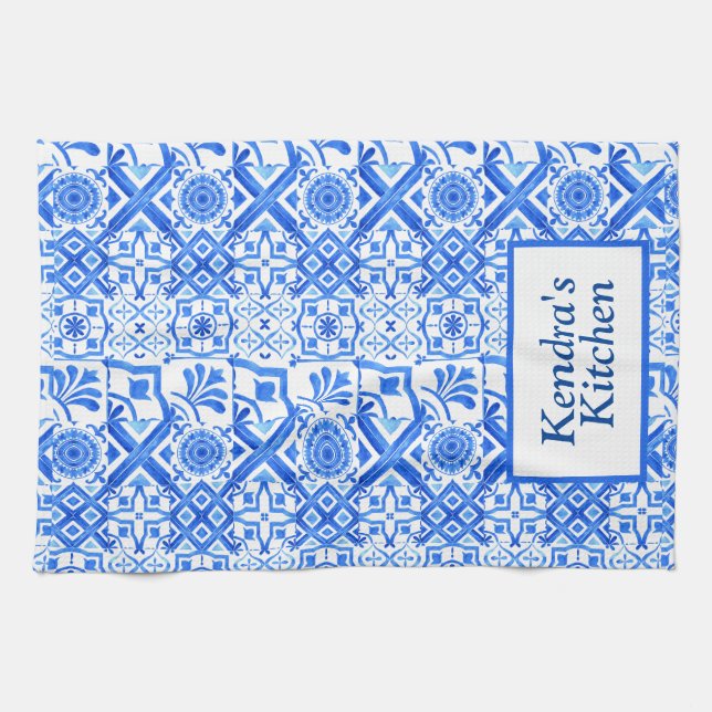 Blue och White Azulejo Spanska Azul Mönster Kökshandduk (Horisontell)