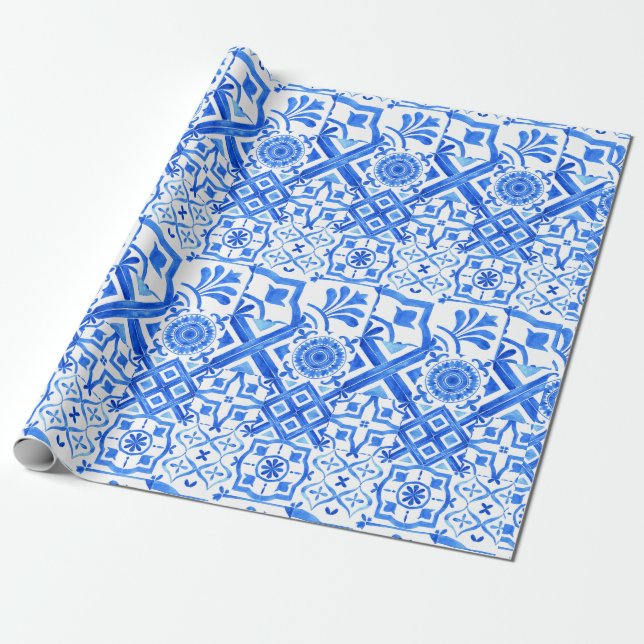 Blue och White Azulejo Spanska Azul Mönster Presentpapper (Utrullad)