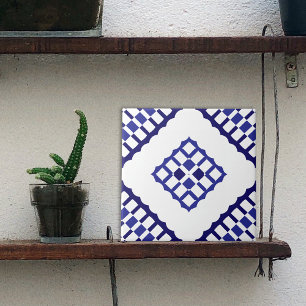 Blue- och White Mosaic Geometric Azulejo Mönster Kakelplatta