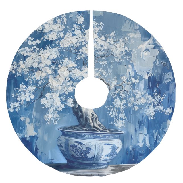 Blue- och White Porcelain China Chinoiserie Cherry Julgransmatta Borstad Polyester (Framsidan)