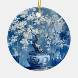 Blue- och White Porcelain China Chinoiserie Cherry Julgransprydnad Keramik