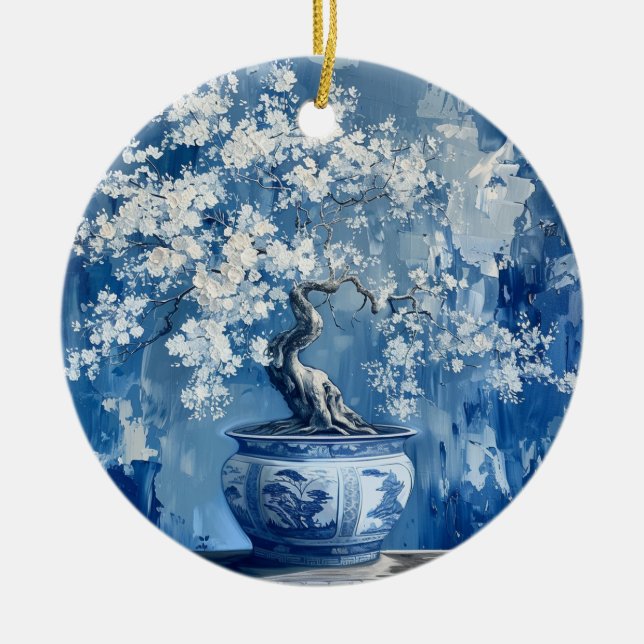 Blue- och White Porcelain China Chinoiserie Cherry Julgransprydnad Keramik (Framsidan)