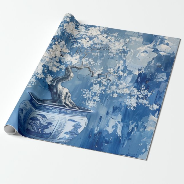 Blue- och White Porcelain China Chinoiserie Cherry Presentpapper (Utrullad)