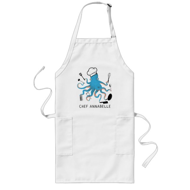 Blue Octopus Chef Personalize Long Apron Långt Förkläde (Framsidan)