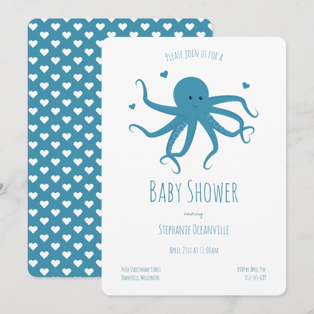 Blue Octopus Hearts Tecknad Baby Shower Inbjudningar (Fram/baksida)