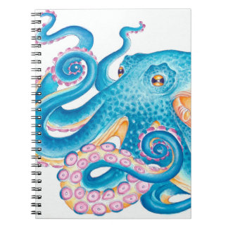 Blue Octopus Kraken Orange Rosa Watercolor  Waterc Anteckningsbok