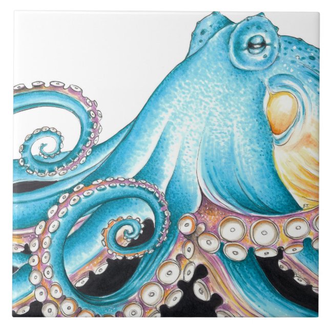 Blue Octopus On White Ink Kakelplatta (Framsidan)