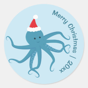Blue Octopus Santa God jul Runt Klistermärke