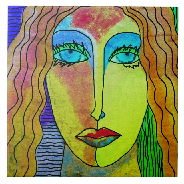 Blue Ögon Abstrakt Digital Porträtt från en kvinna Kakelplatta (Framsidan)