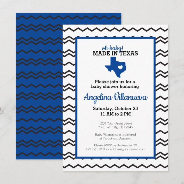 Blue Oh Baby! Chevron Made in Texas Shower Inbjudningar (Fram/baksida)