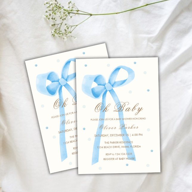 Blue Oh Baby minimalist Polka Dot Bow Baby Shower Inbjudningar (Blue Oh Baby Minimalist Polka Dot Bow Baby Shower Invitation)